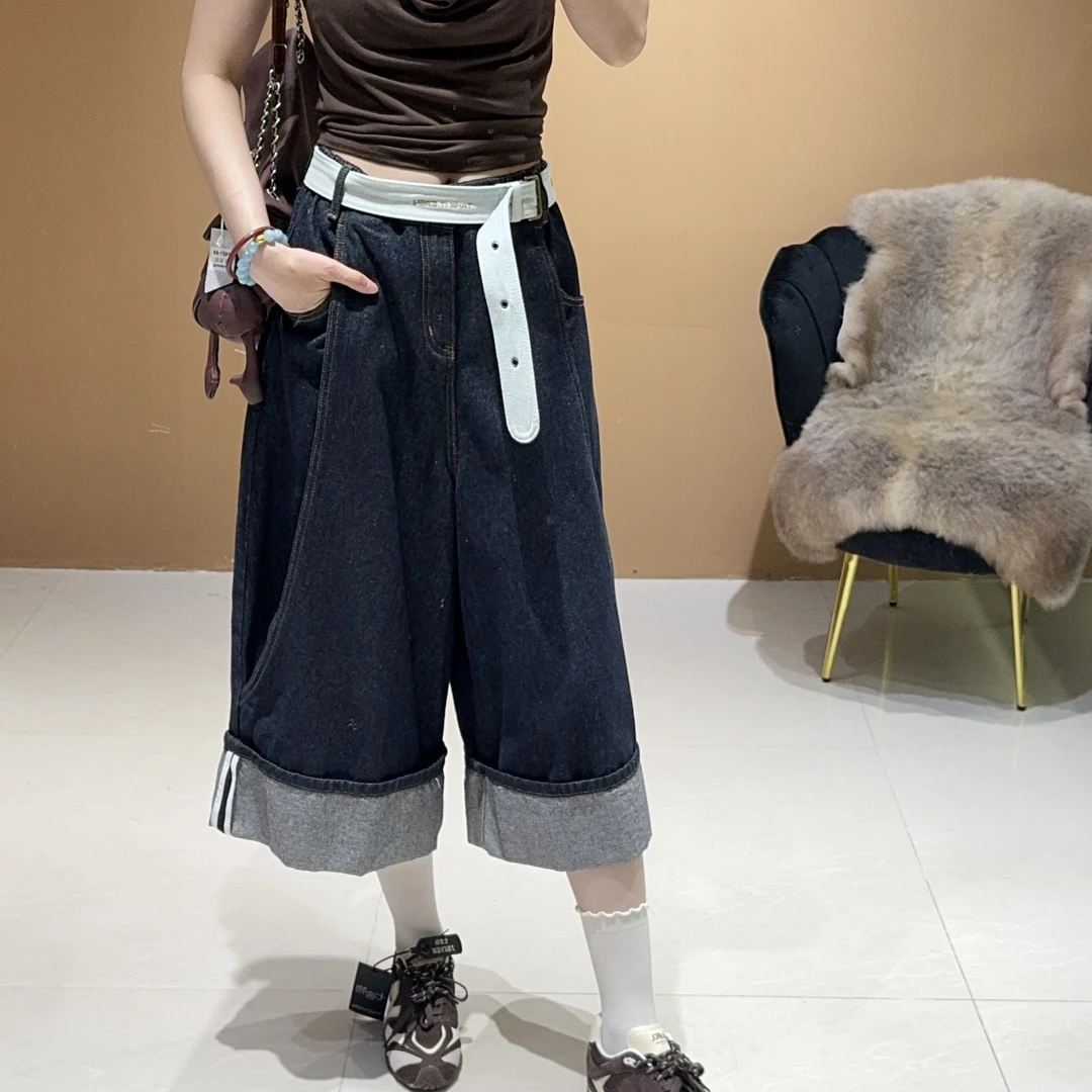 夏季翻边侧条纹拼色明线七分阔腿裤