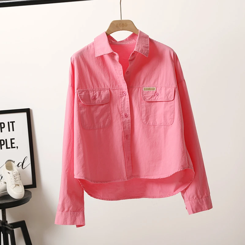2025新品文艺范百搭休闲上衣开衫玫红色短款衬衫女宽松长袖棉衬衣
