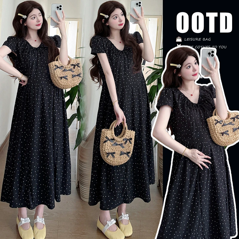 2025新款夏季波点气质法式浪漫百搭v领系带孕妇装连衣裙大码碎花