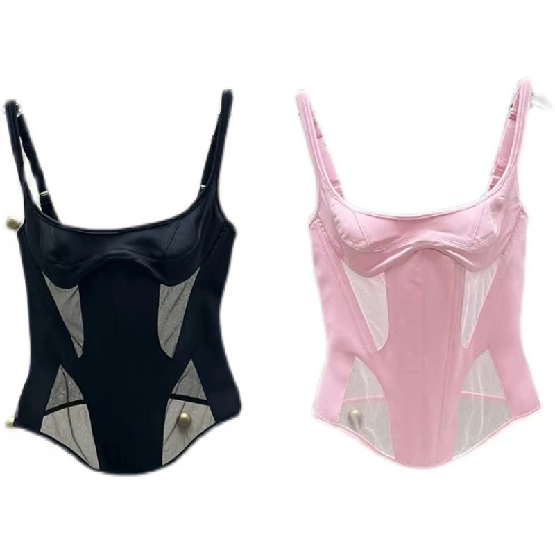 25新春酷辣小众设计师不规则透视拼接网纱立体吊带打底背心
