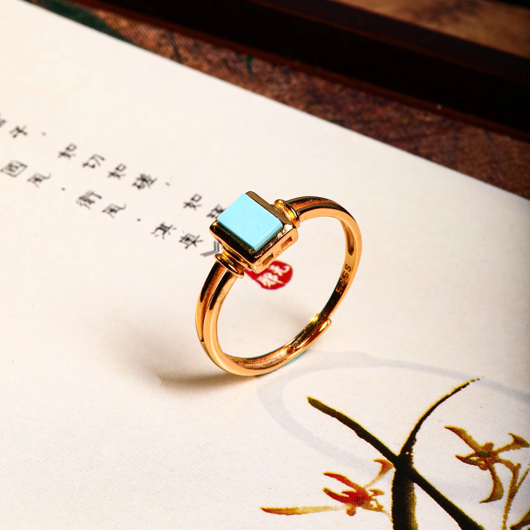 绿松925银镶嵌开口戒指