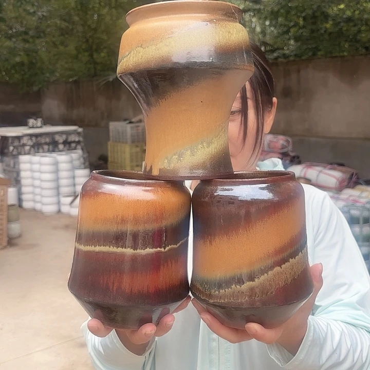紫砂茶碗焦糖色组合三个