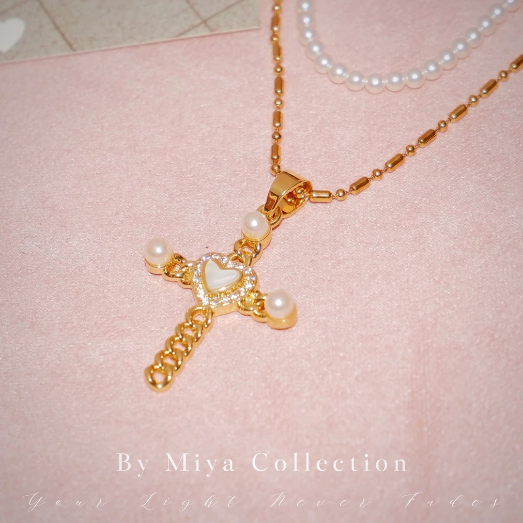 钛钢仿珍珠项链 秋冬珍珠叠戴十字架项链