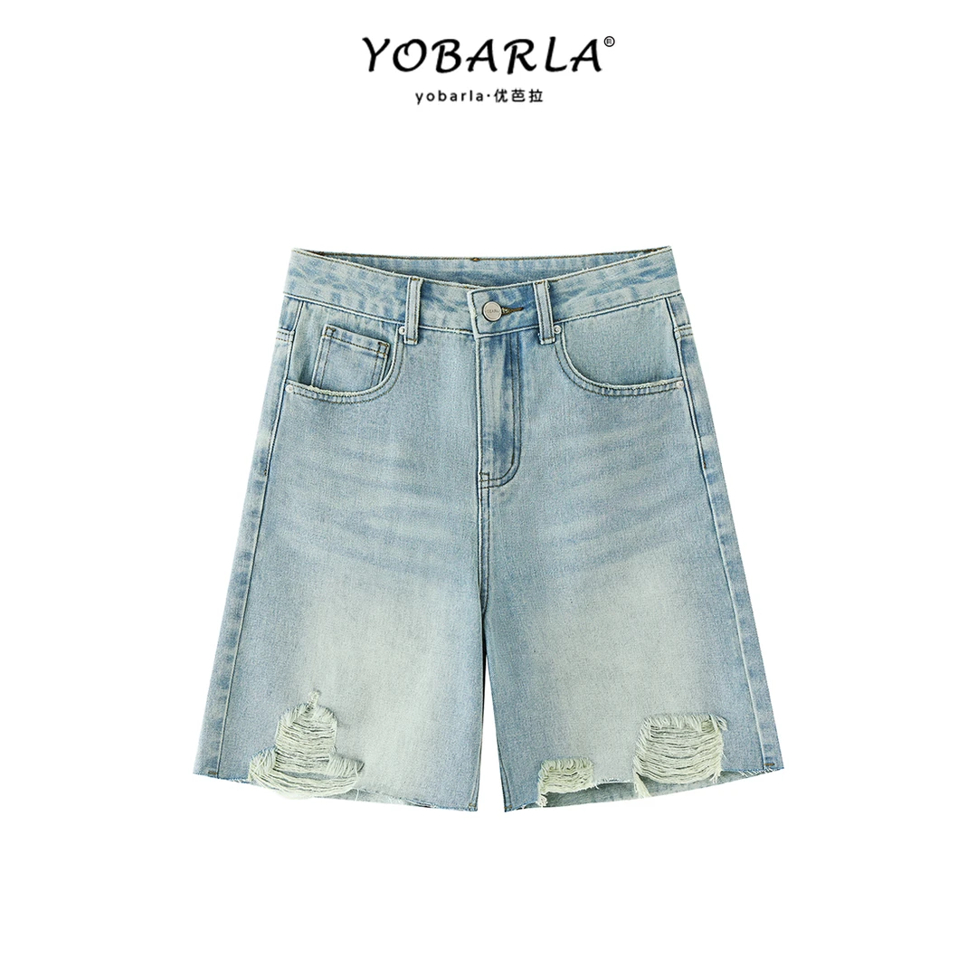 浅色破洞牛仔短裤女秋冬新款大码胖mm宽松显瘦高腰直筒五分中裤子