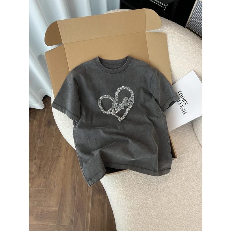 KAISIO春夏LOVE珠片上衣圆领百搭时尚T恤2502022