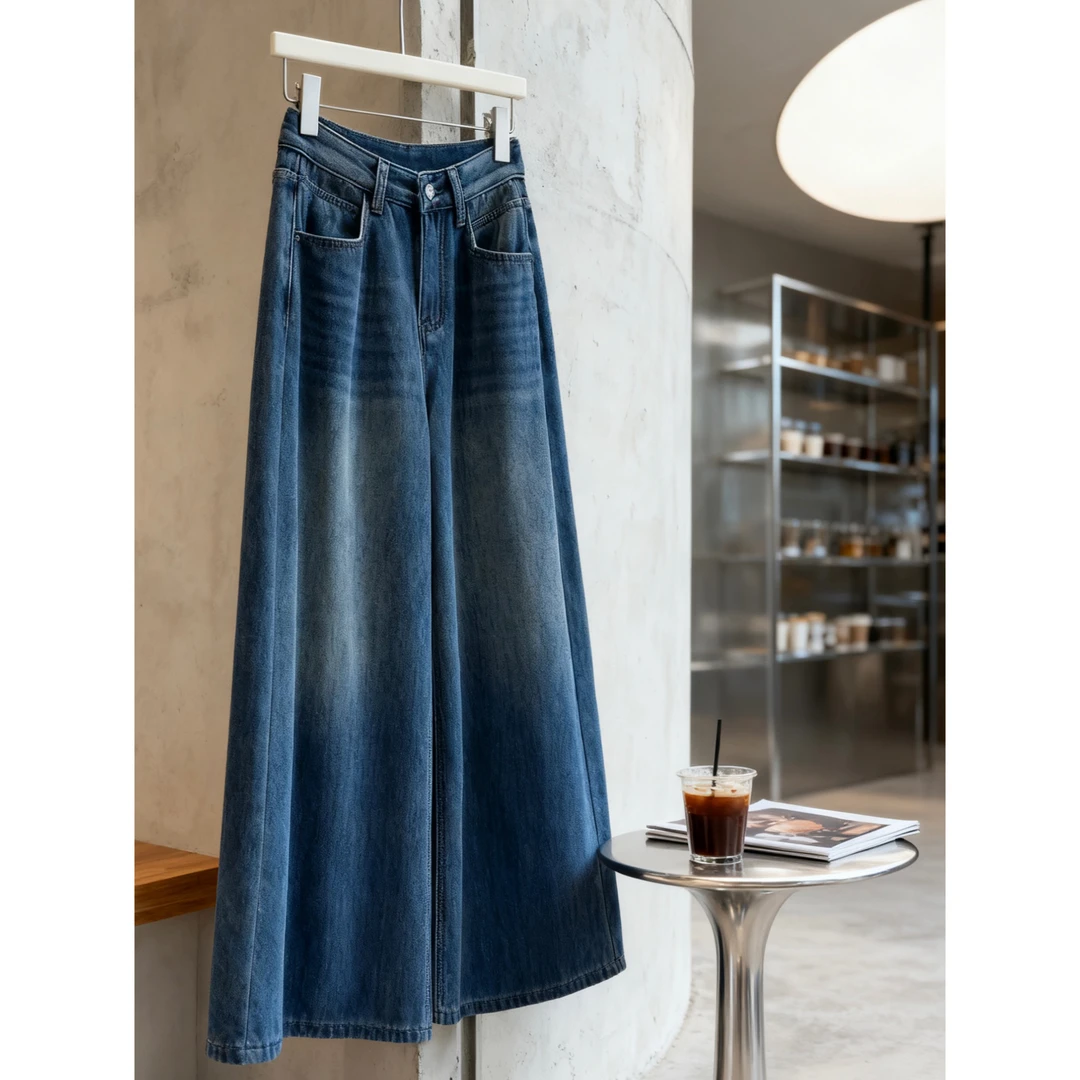 加绒加厚高腰阔腿牛仔裤冬季复古水洗做旧宽松垂感拖地裤显瘦百搭