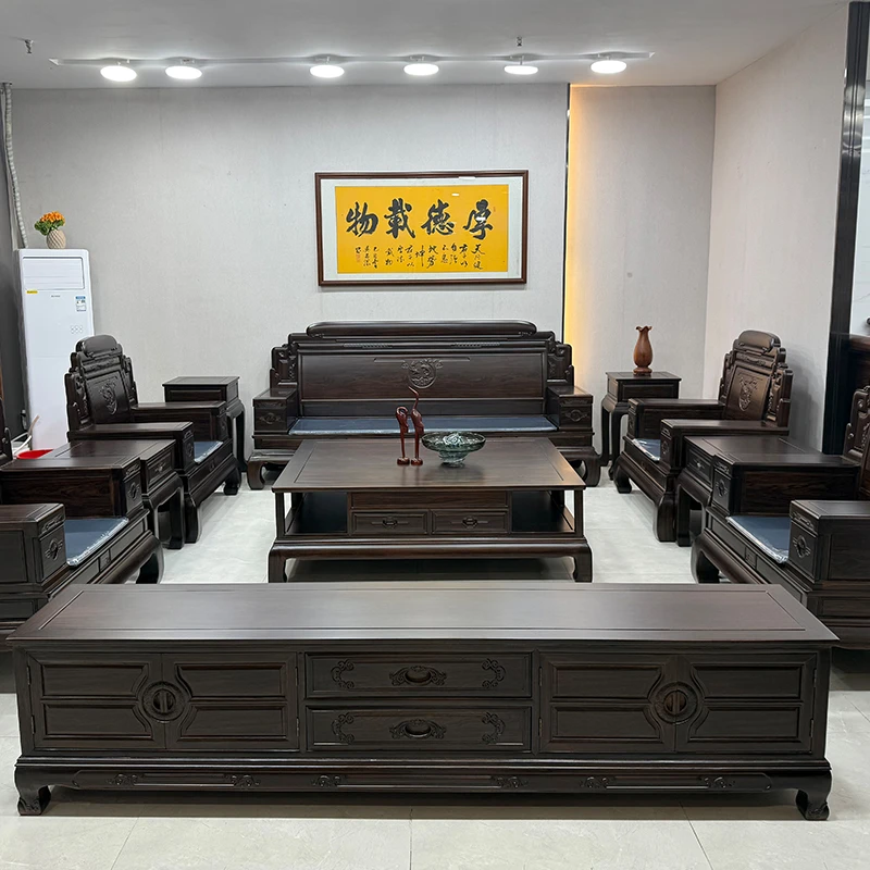 中式紫檀木榫卯全实木沙发组合客厅冬夏两用茶楼卡座仿古雕花家具