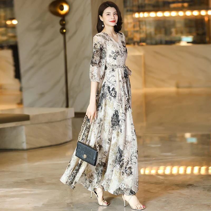 礼服显瘦夏季女新款大摆裙阔太太感气质减龄复古水墨印花领连衣裙
