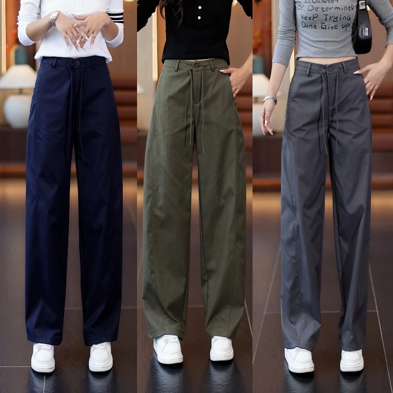 啄木鸟军绿色休闲裤女2025新款时尚气质百搭高腰显瘦阔腿弯刀裤直