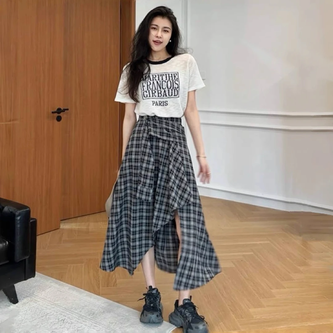 拉夏贝尔巨好看的套装2025年夏季时尚短袖t恤格子半身裙裤两件套