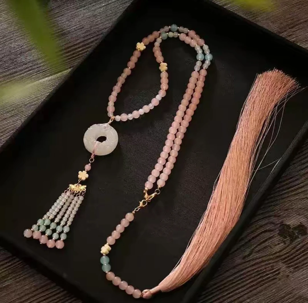 铜合金项链 国风串珠背云长流苏璎珞项链新中式汉服旗袍饰品