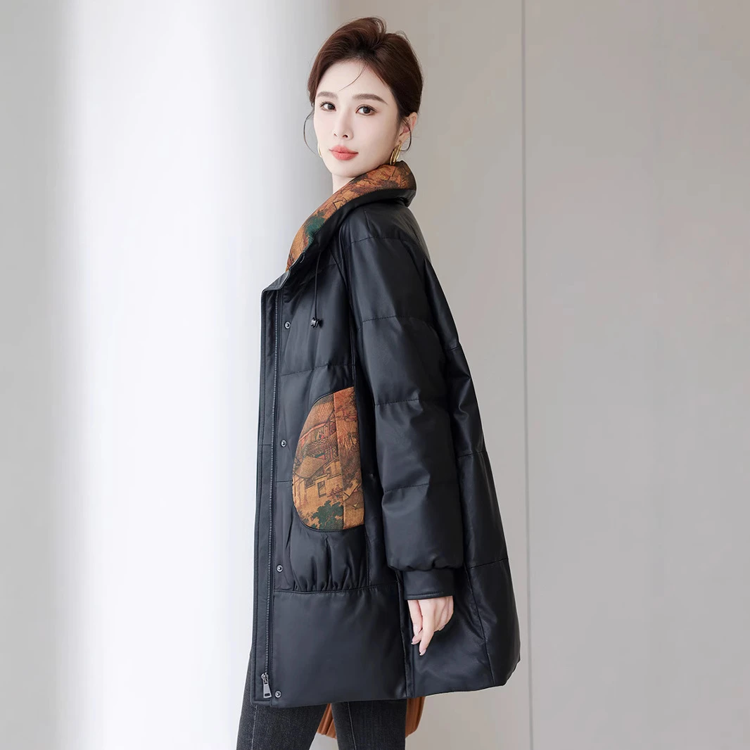 海宁真皮真皮啄木女中长款宽松显瘦绵羊皮拼香云纱妈妈装高档外套