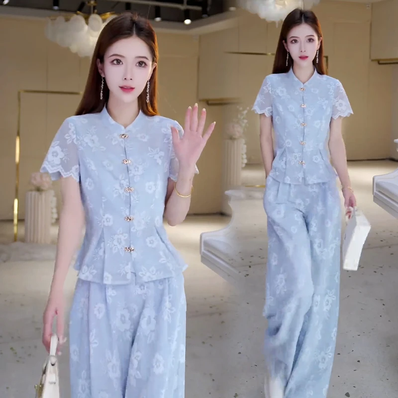 复古简约时尚套装女2025年夏季新款显瘦遮肉上衣高腰直筒裤两件套