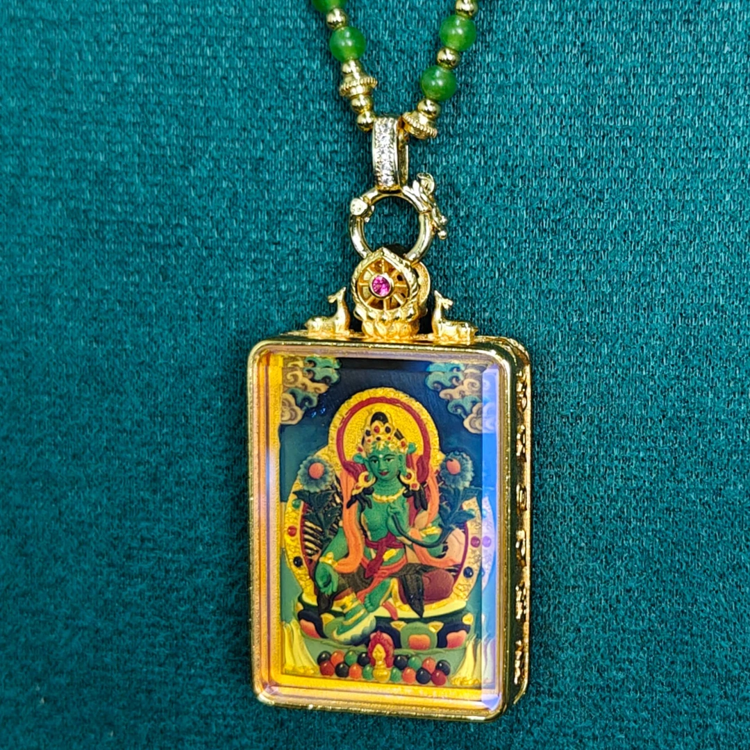 绿度母黄财财擦擦唐卡橄榄核吊坠