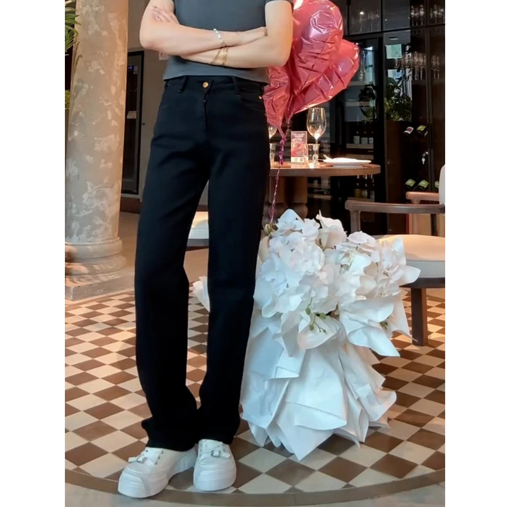 黑色弹力窄版直筒牛仔裤女2025秋冬加绒梨形大码高腰修身显瘦长裤