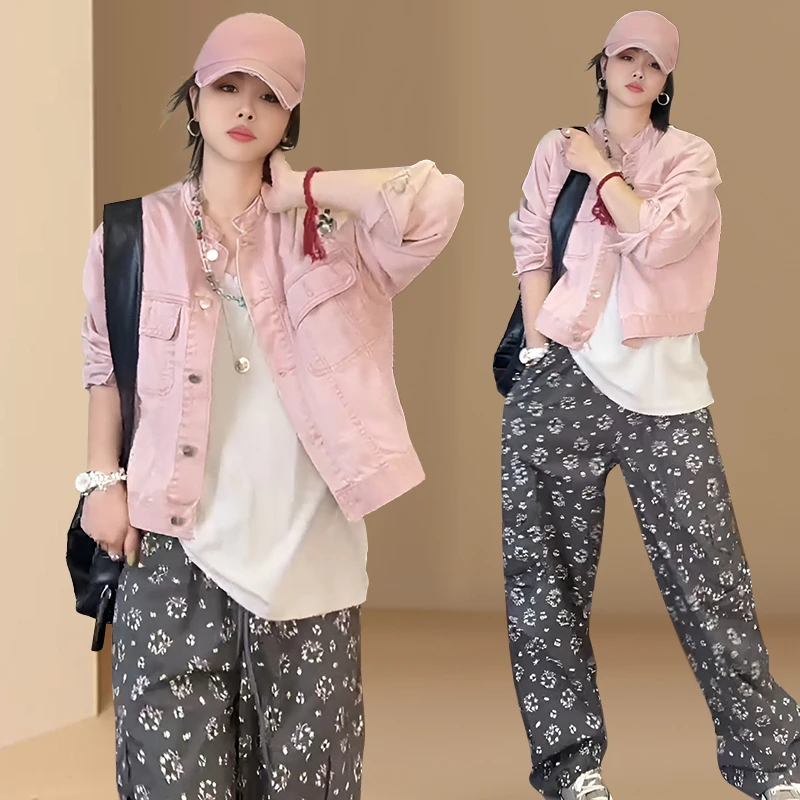 欧洲站2025春秋新款欧货慵懒甜美风圆领长袖水洗粉色牛仔衣外套