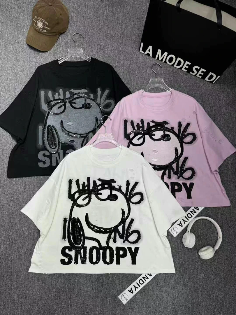 欧货潮牌短袖T恤卡通史努比亮片绣破洞宽松上衣