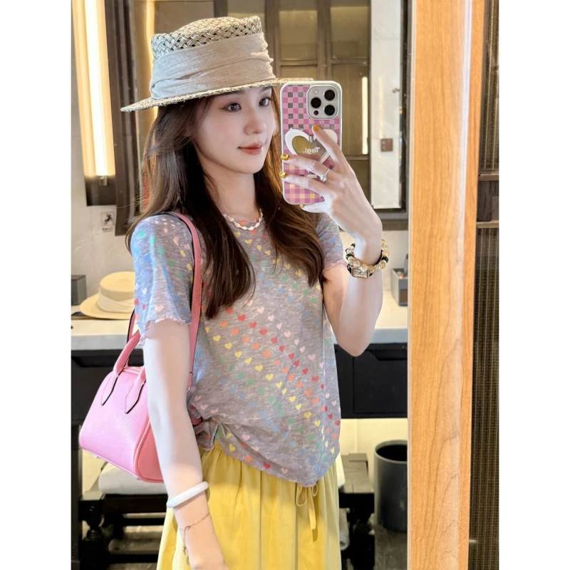 【彩虹糖爱心】夏季时尚温柔风设计款百搭印花短袖-DX2025619