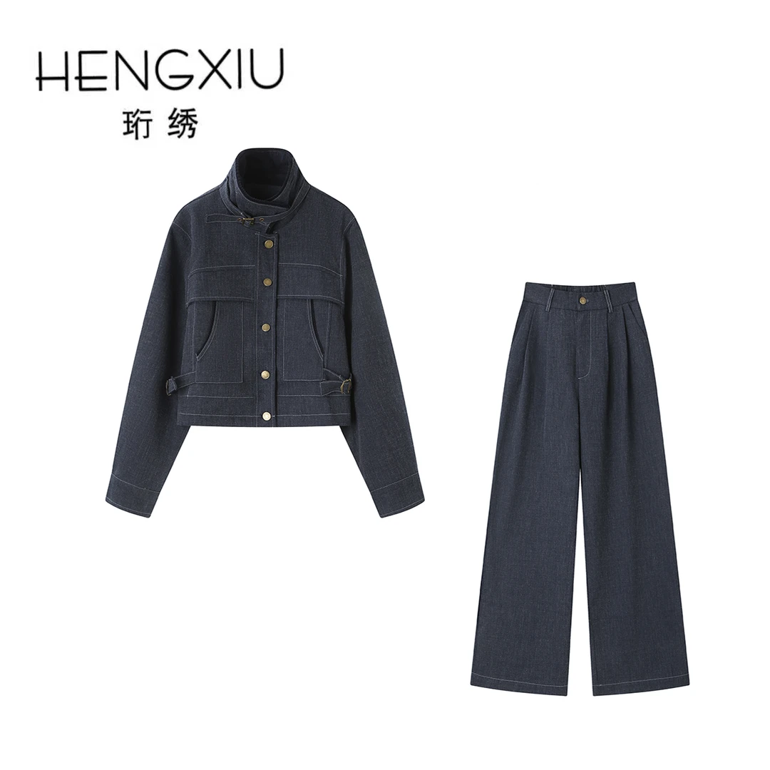 珩绣秋季简约时尚拼接短外套直筒裤两件套X-1078-1