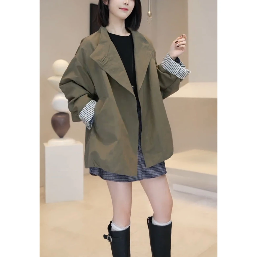 2025年春季新款韩版复古大码宽松显瘦设计感一粒扣休闲风衣外套女