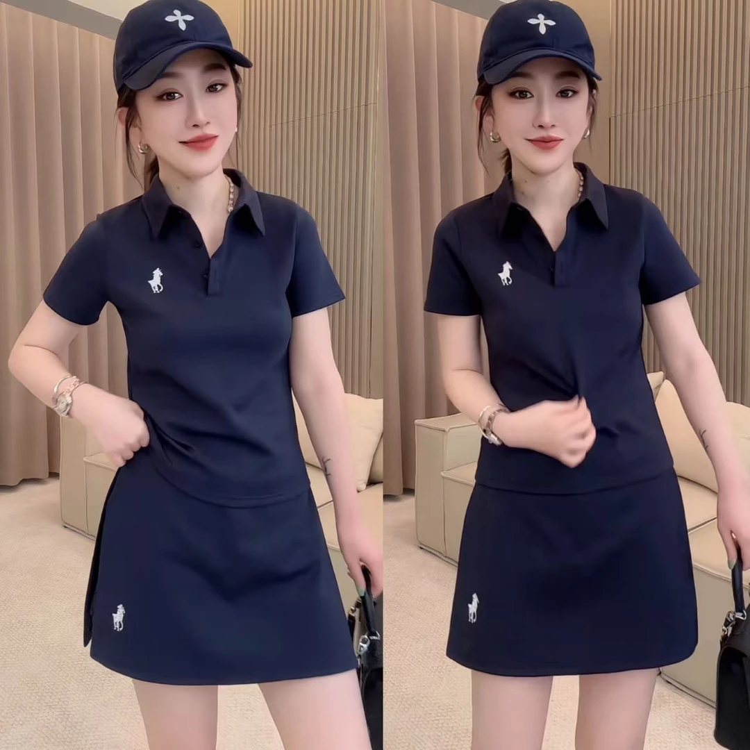 2025夏季新款时尚套装刺绣polo领短袖T恤女休闲运动短裤裙两件套