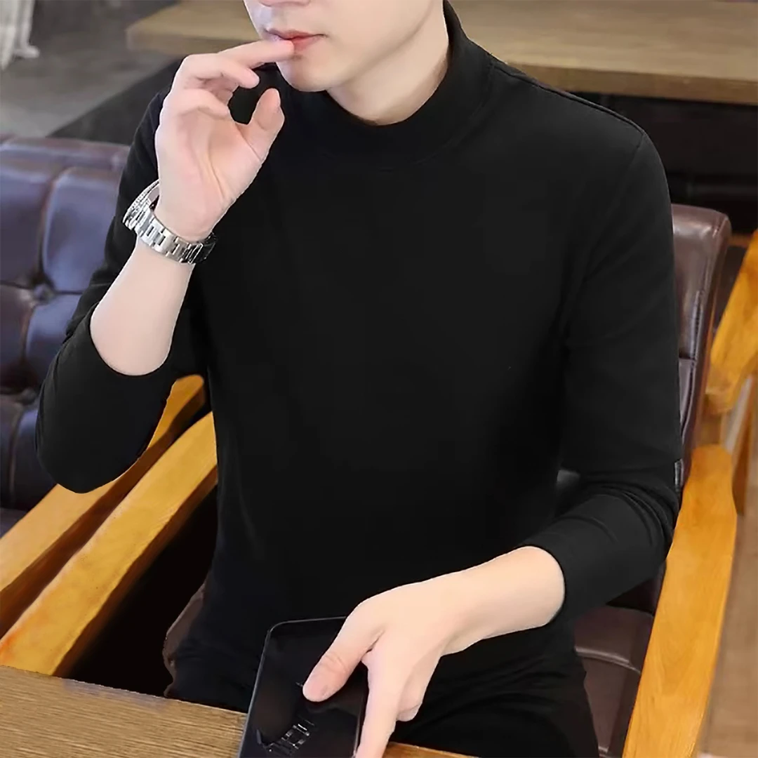 秋冬新款双面德绒半高领保暖打底衫男士时尚简约纯色内搭长袖上衣