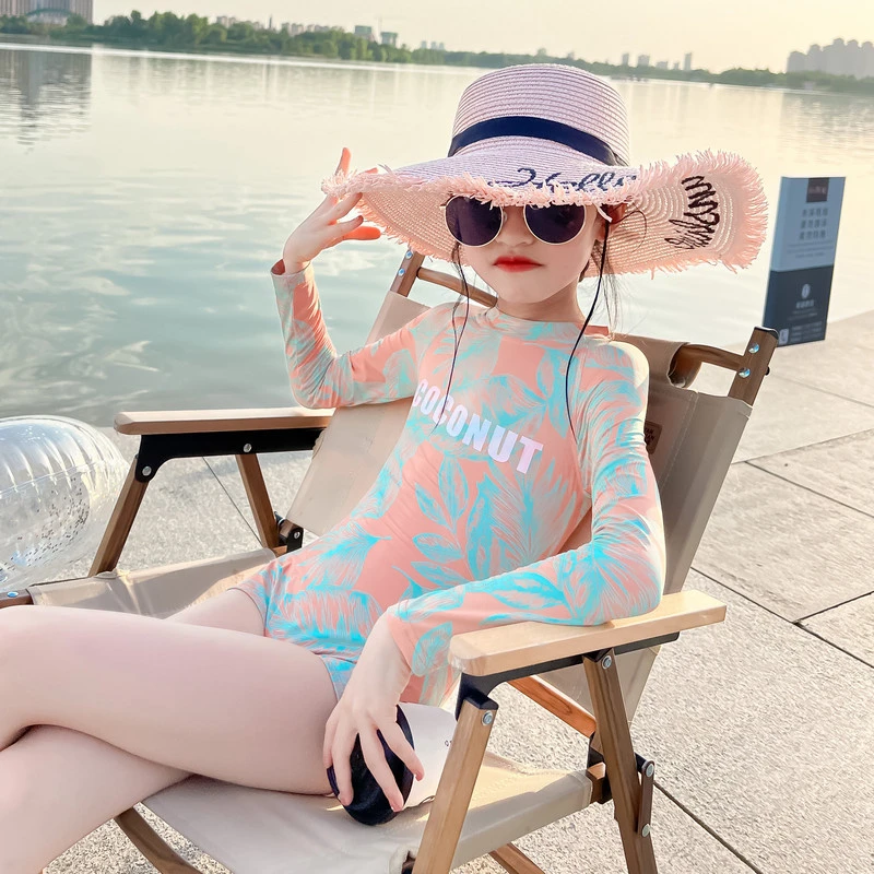 女童连体泳衣夏装女孩新款中大童防晒游泳衣夏季女孩网红长袖泳装