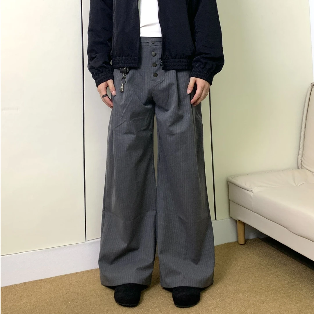 JXGOGLOBAL打褶男女同款直筒微喇高腰条纹西裤宽松垂坠感休闲长裤
