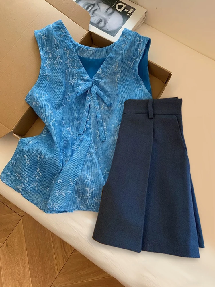 2025夏季新款韩系蝴蝶结V领背心吊带上衣高腰气质半身裙时尚套装