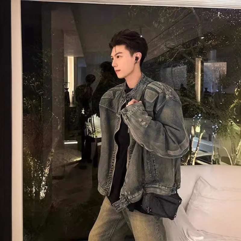 美式潮牌高街浮雕异形机甲设计感牛仔外套男女宽松水洗做旧夹克