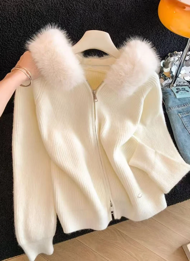 2255冬季时尚百搭带帽针织衫毛领可拆卸（衣长50CM左右）