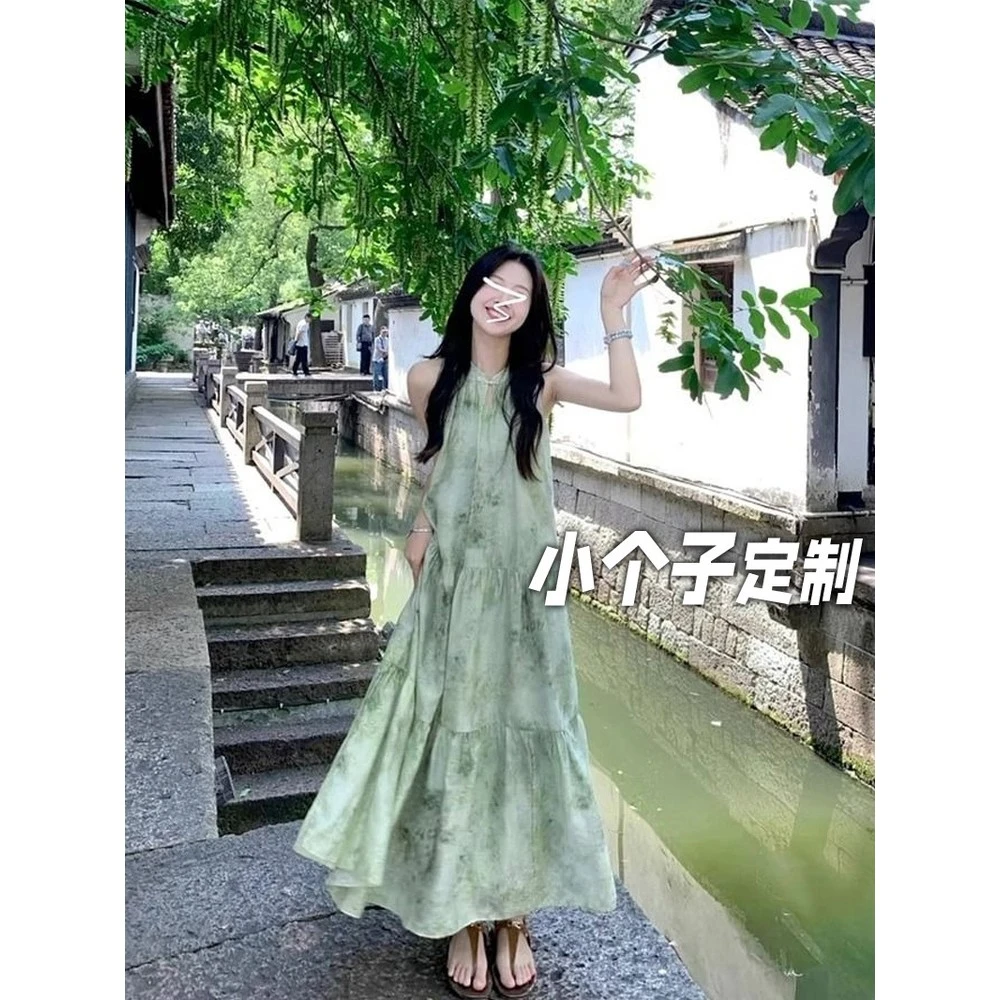 150小矮个子新中式挂脖连衣裙女夏季国风中长款a字无袖吊带碎花裙