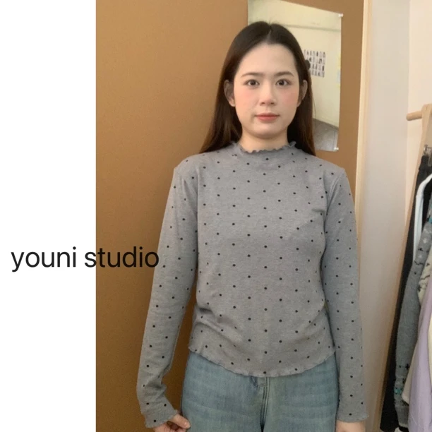 【youni】韩系百搭波点小木耳边加绒打底T恤