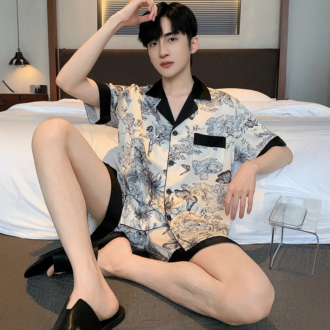 FANCBUDY睡衣男款夏季新款短袖短裤薄款仿真丝绸舒适家居服套装