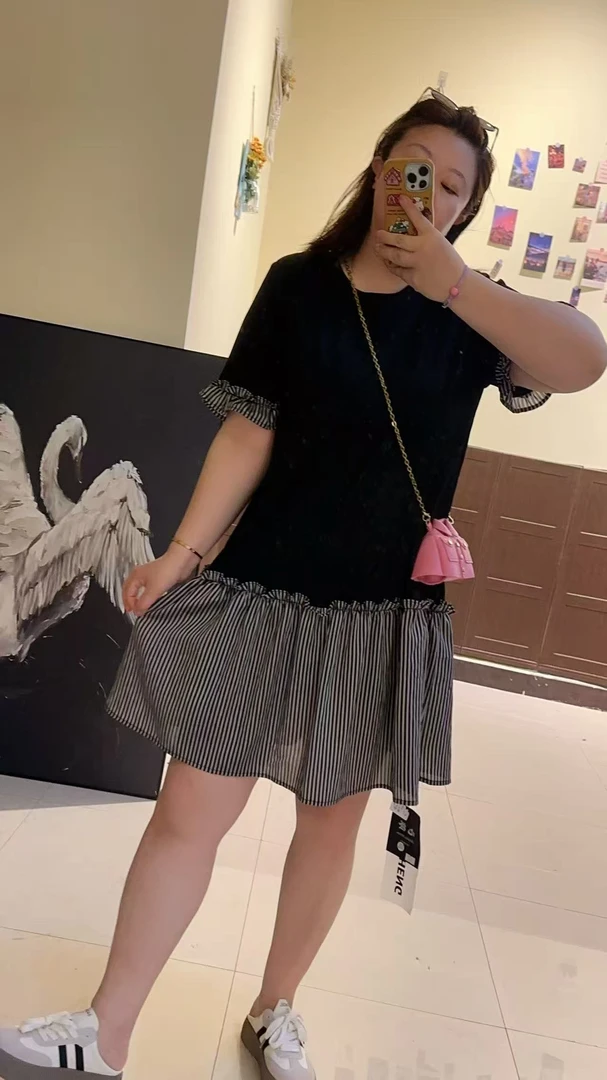 东大门夏季垫肩拼接条纹t恤连衣裙