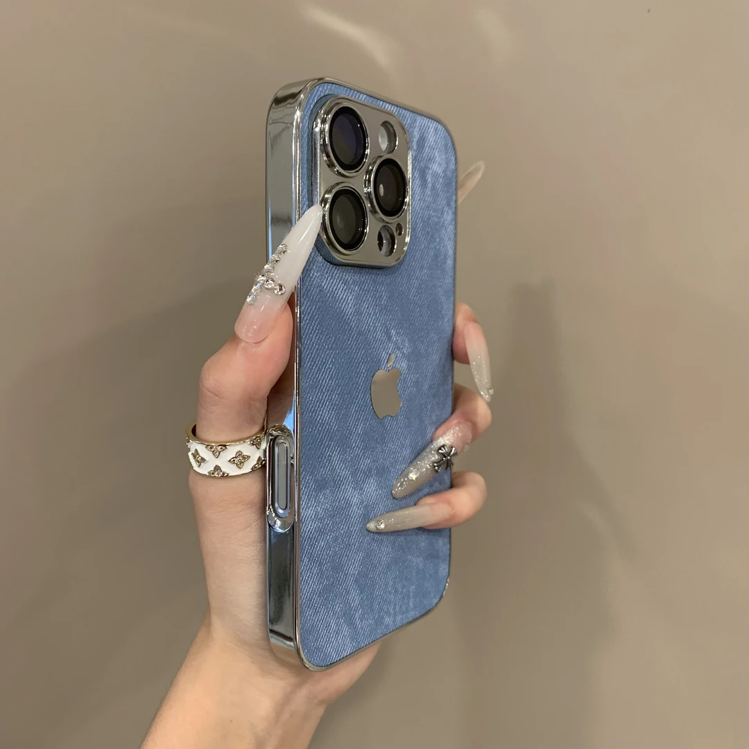 电镀牛仔纹适用苹果16手机壳iPhone15promax全包14防摔13男女款12
