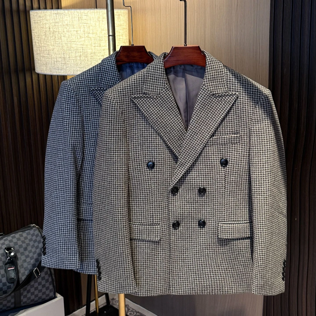 法尔利格秋冬加厚休闲西服男外套双排扣商务百搭千鸟格高级感西服