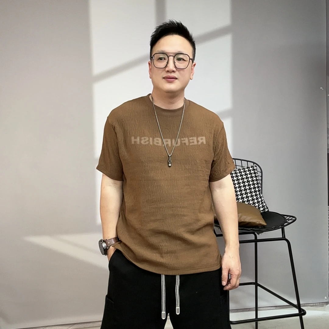 复古树皮纹微宽松下摆开叉短袖T恤