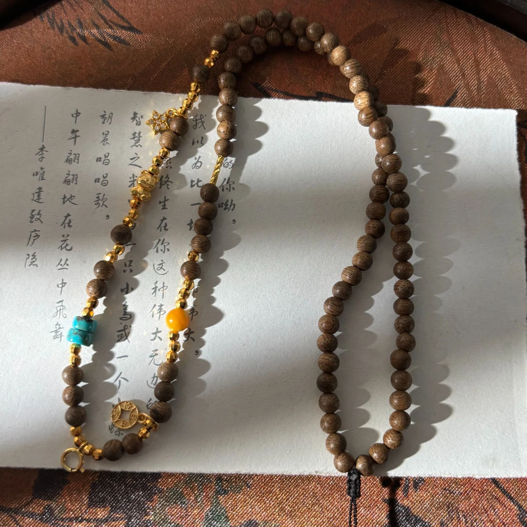 链子925银木质 【金菀菀】银S925镶嵌木质沉沉小熊多宝项链