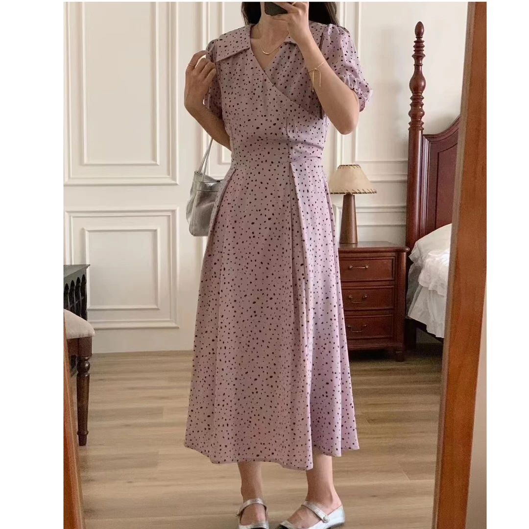 23399紫粉色点点连衣裙