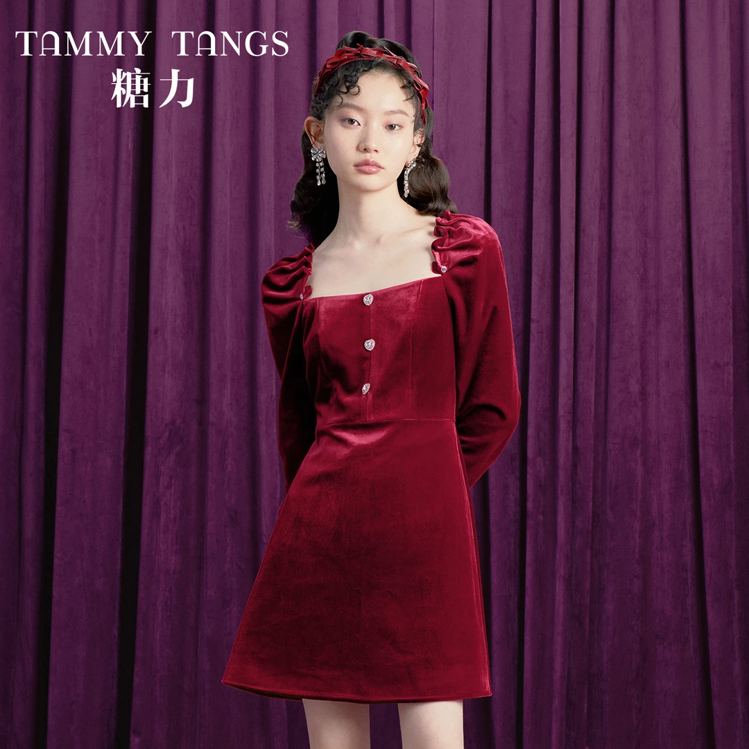 【商场同款】糖力 秋冬季酒红色小礼服 长袖钻饰方领丝绒连衣裙女
