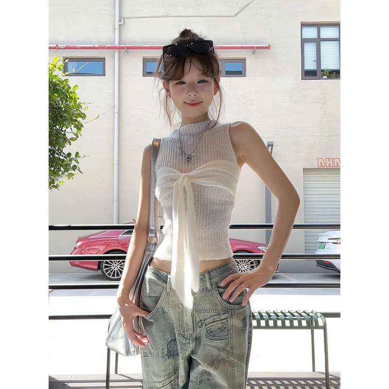 微透蝴蝶结针织背心挂脖修身无袖上衣直筒宽松阔腿牛仔裤拖地长裤