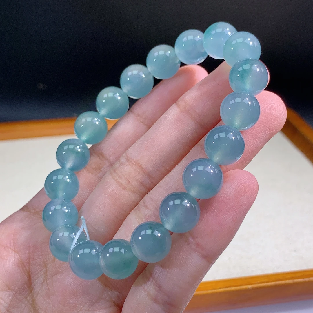 7.23-13缅甸天然翡翠A货冰蓝手串卡10mm19颗粒