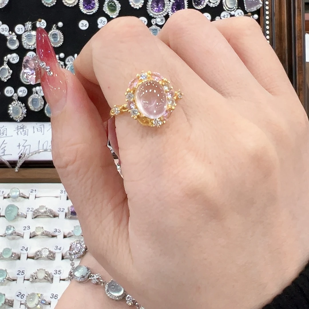 蛇纹石玉银S925镀金镶嵌戒指