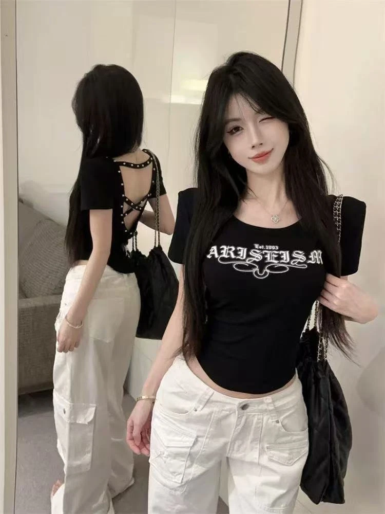 辣妹时尚修身T恤2025年夏季新款女装设计感交叉镂空露背短袖上衣