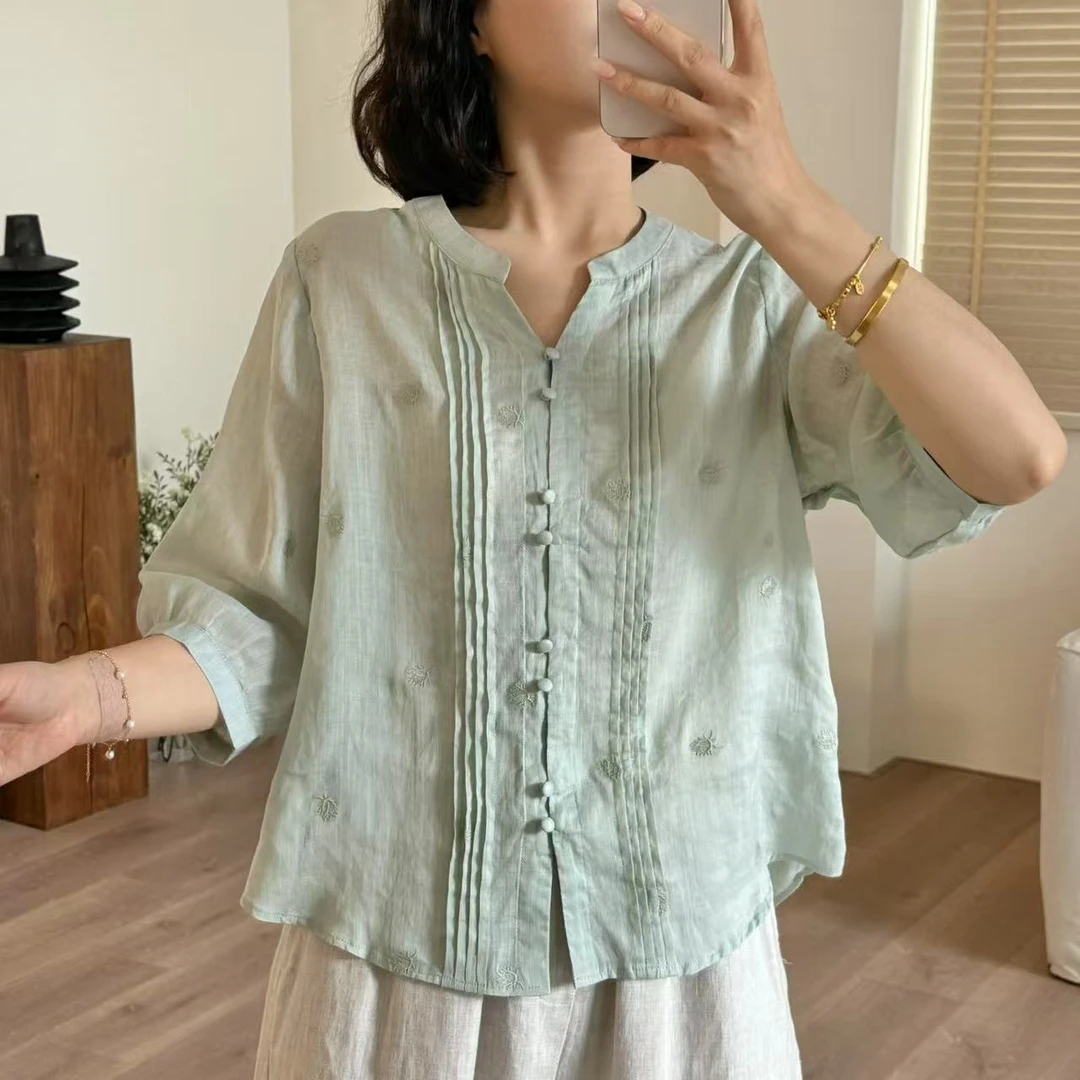 常樂家2025夏季新款纯苎麻v领立体刺绣宽松小衫923