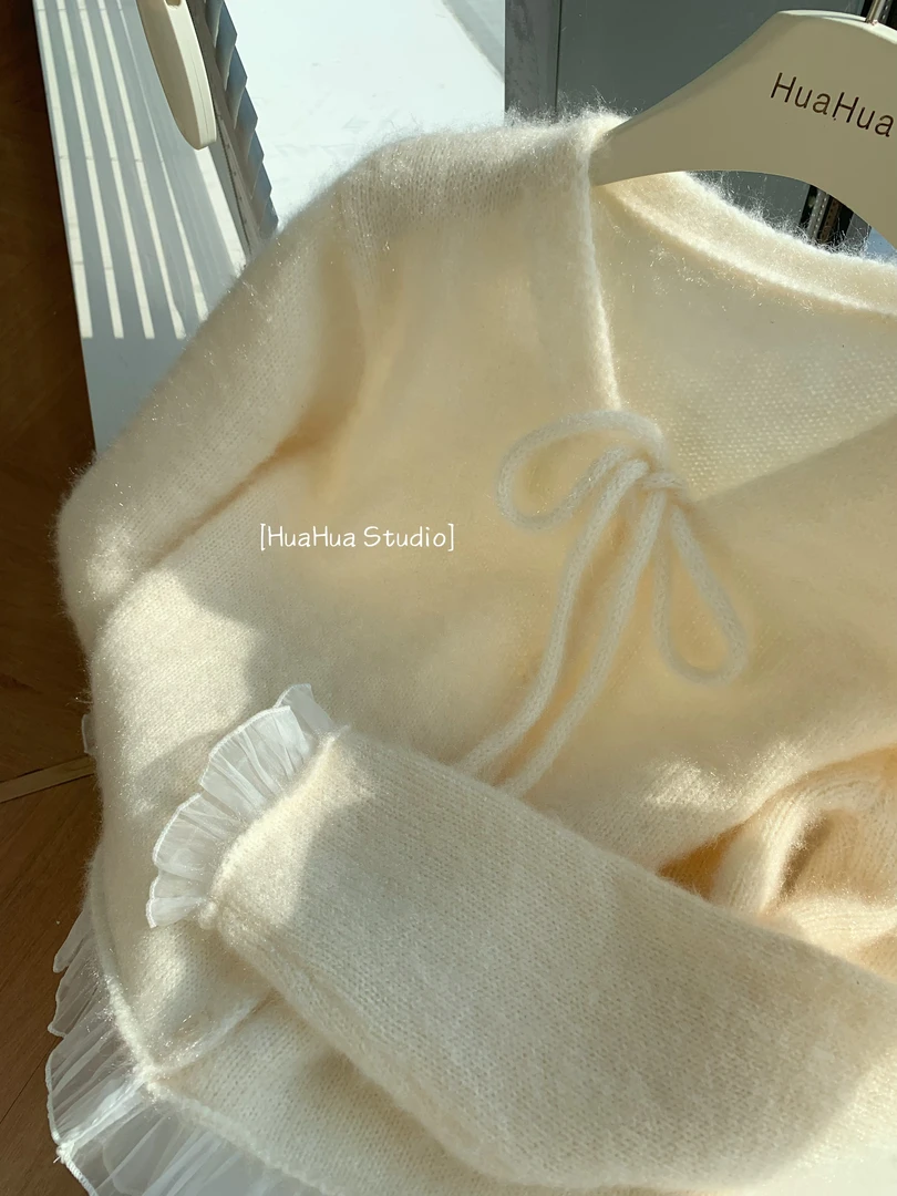 【花花】冬日交叠~网纱拼接蝴蝶结系带韩系毛衣开衫