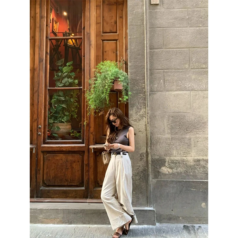 夏季通勤风新款设计感圆领百搭无袖上衣高腰垂感显瘦直筒裤阔腿裤