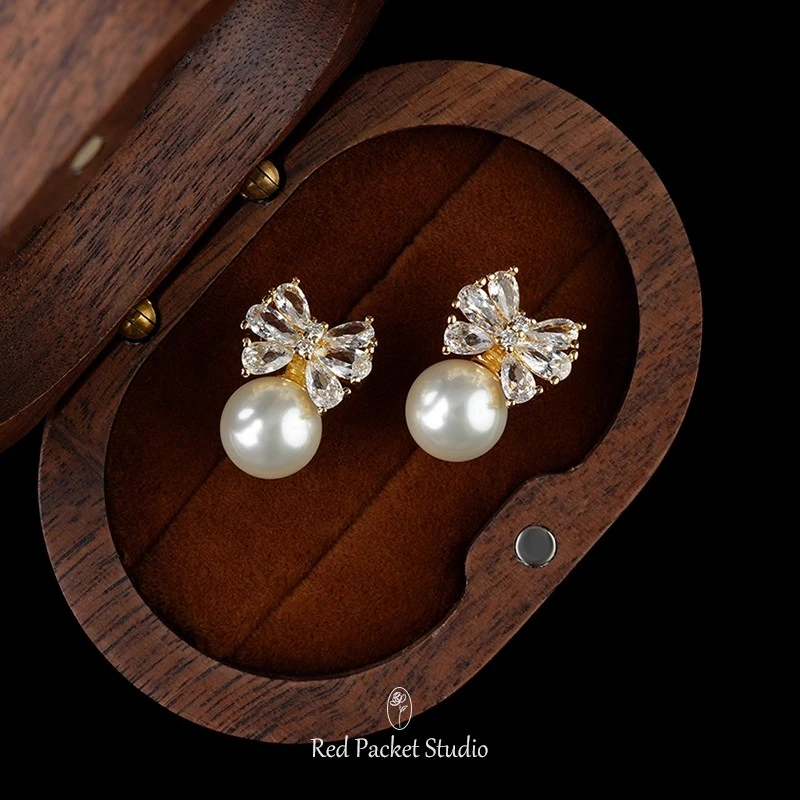 合金耳饰 法式温柔优雅蝴蝶结珍珠耳环S925银针锆石甜美耳钉耳饰