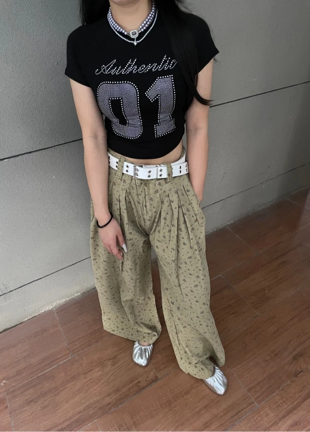 花色高腰显瘦垂感阔腿裤女简约设计休闲拖地长裤百搭牛仔裤